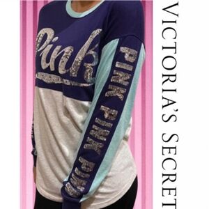 PINK VS Campus Cotton Long Sleeve Colorblock Sequin Logo Tee